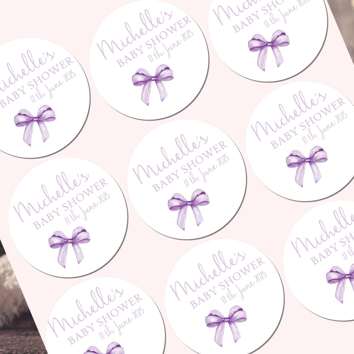 Personalised Baby Shower Stickers for Favours Party Bags Watercolour bow