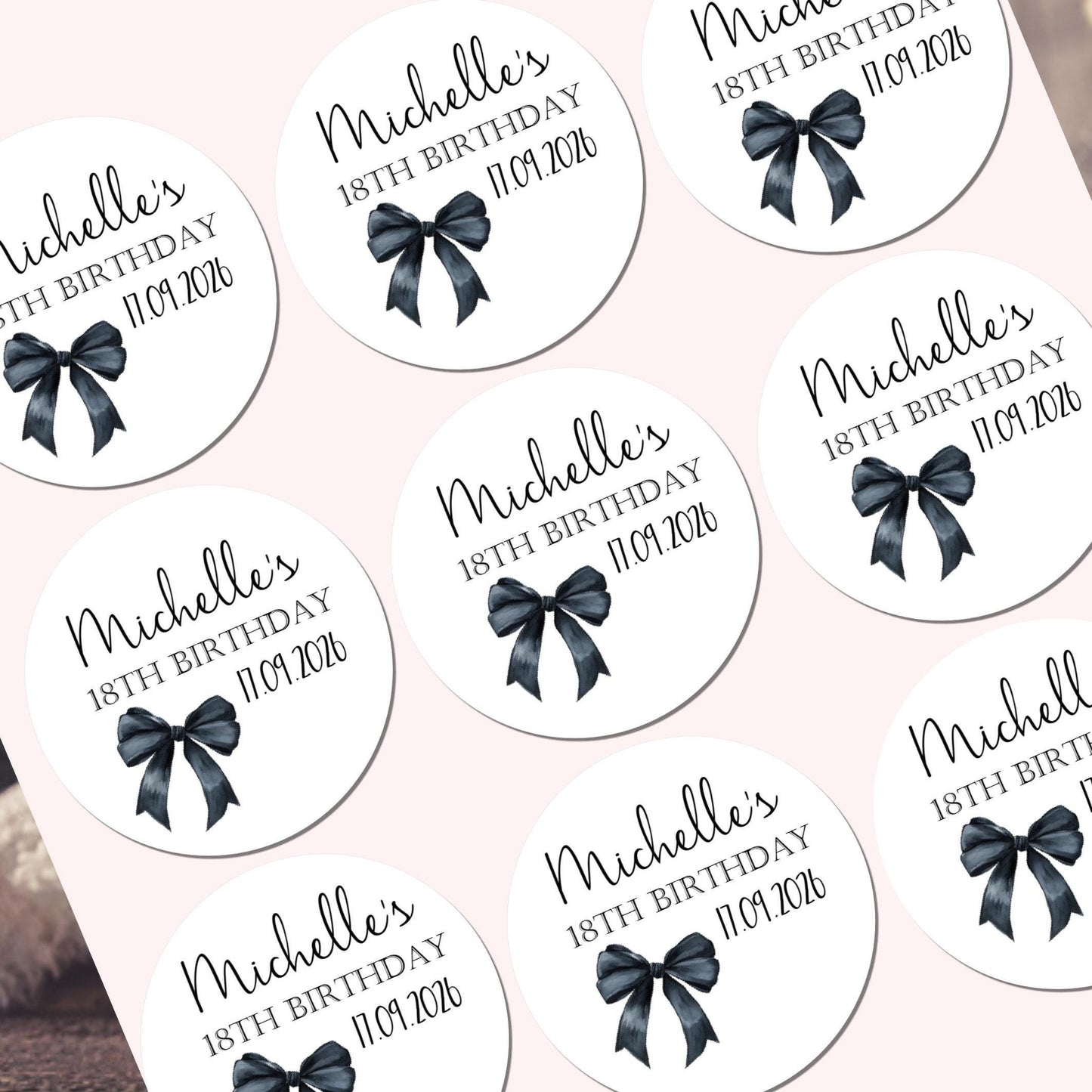 Personalised Birthday Stickers for Favours Party Bags Watercolour bow 16th 18th 21st Any Age