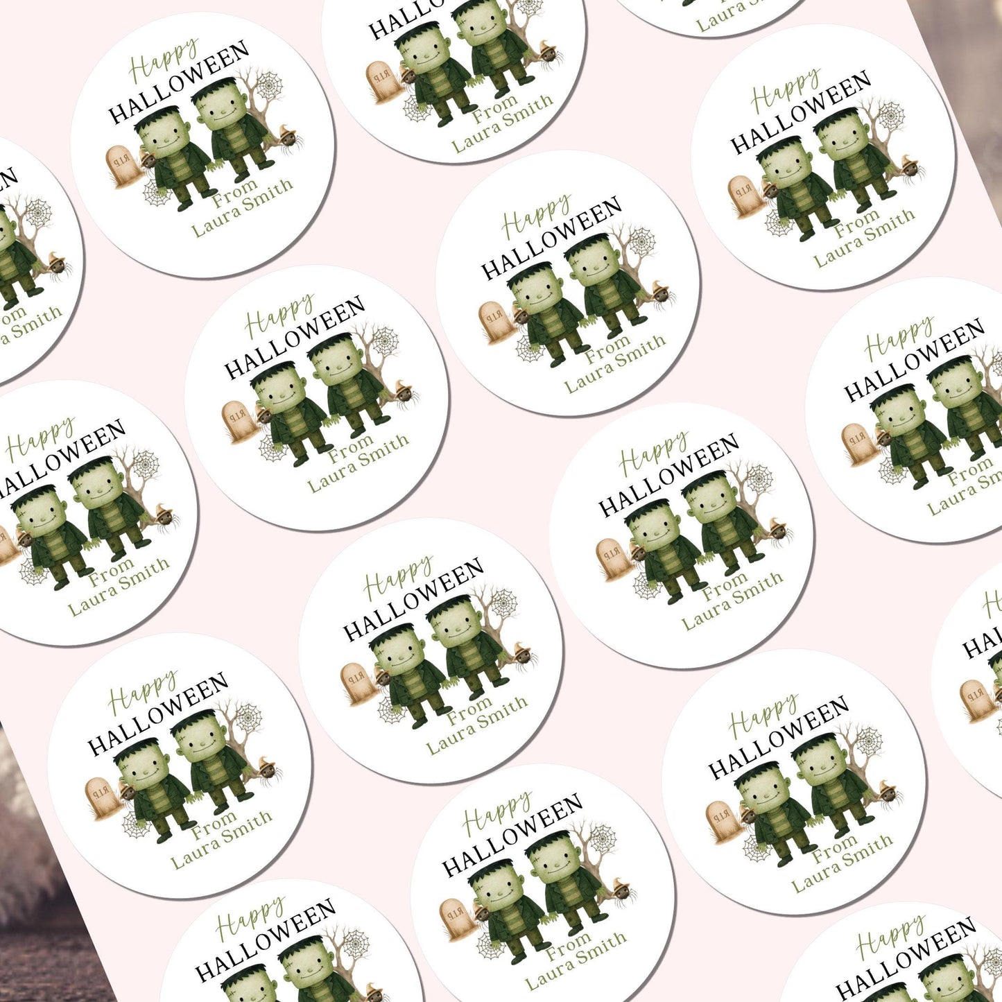 Personalised Halloween Stickers Labels for Sweet Cones Trick or Treat Frankenstein