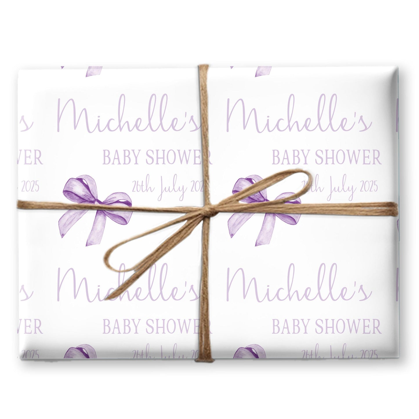 Personalised Baby Shower, New Baby Gift Wrapping Paper Custom Name & Date Watercolour Lilac Bow Design