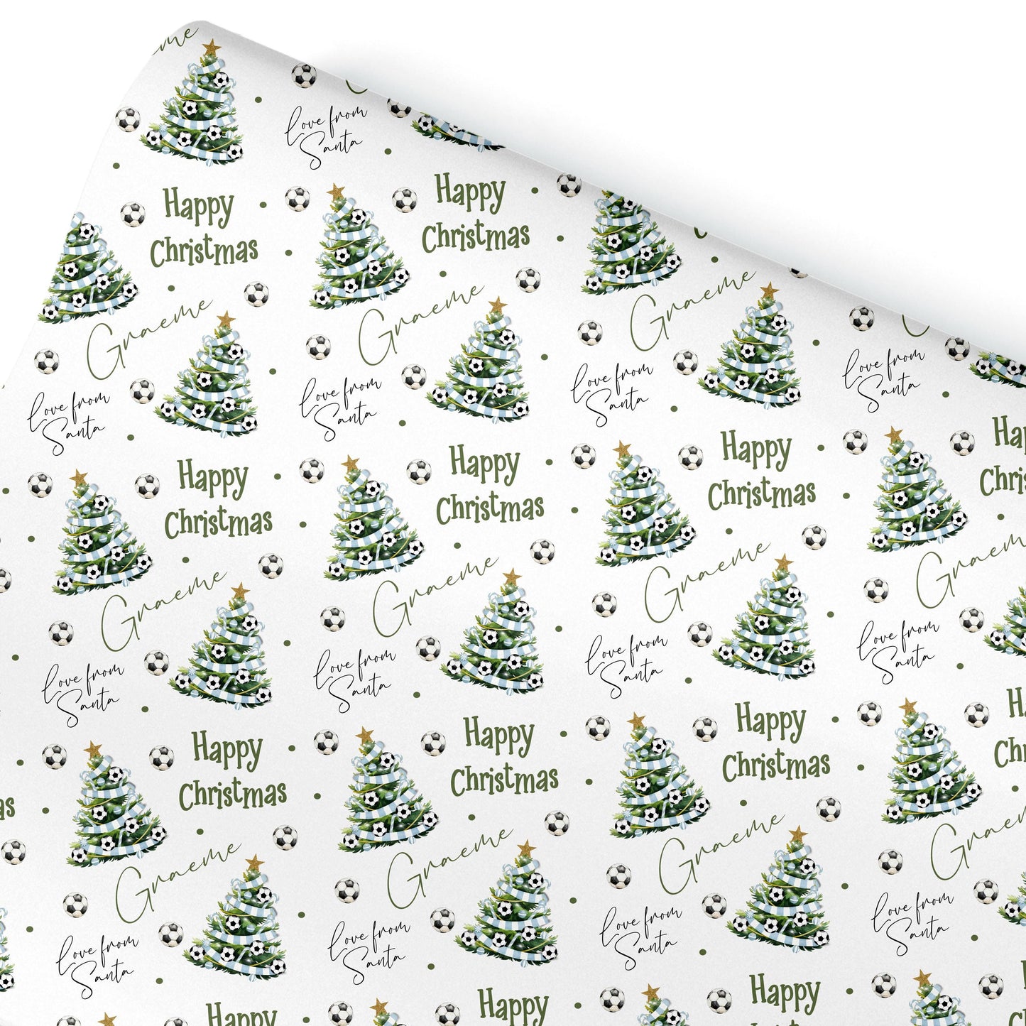 Personalised Christmas Gift Wrap – Football Christmas Tree Design, Footie Blue and White Scarf