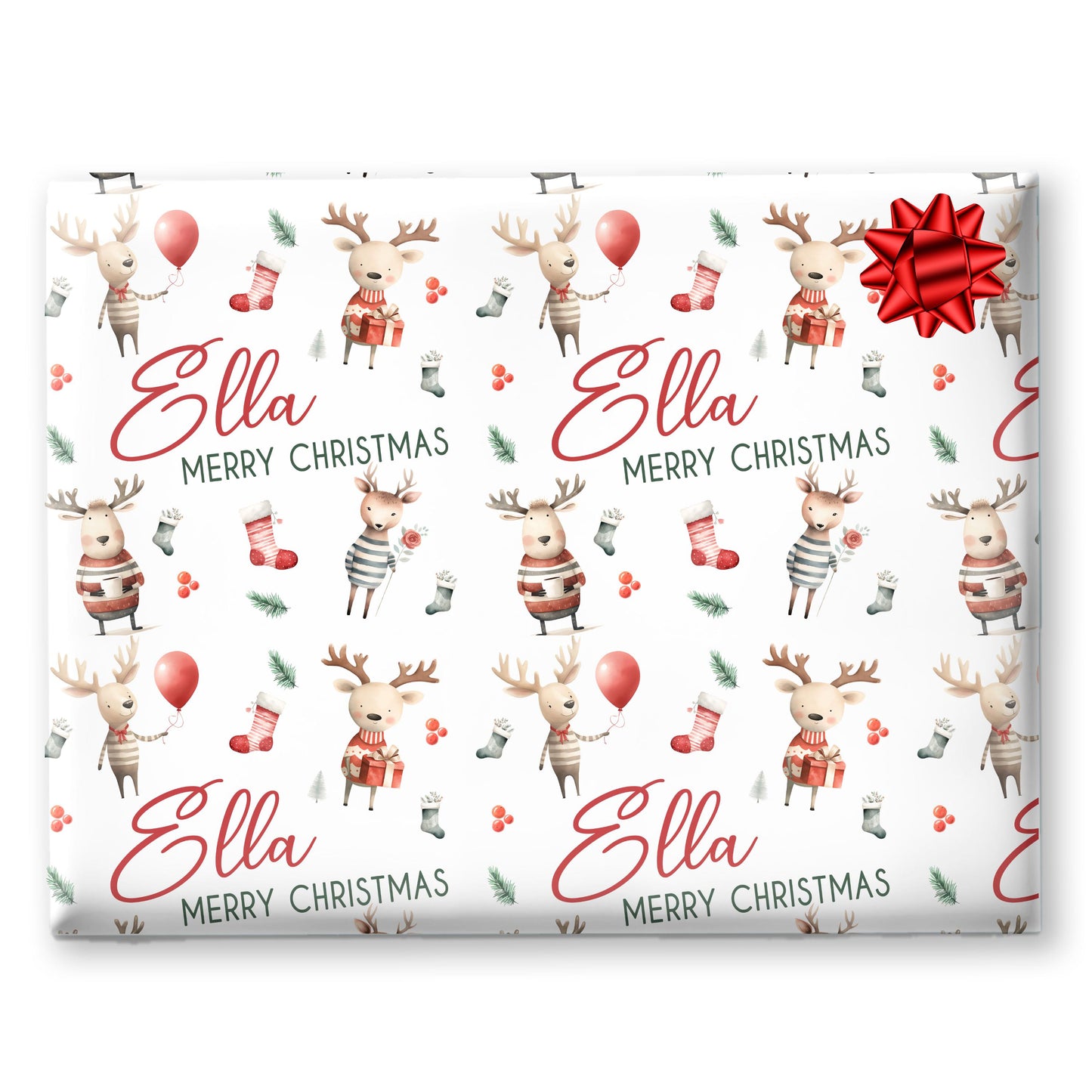 Childrens Gift Wrap Wrapping Paper, Cute Reindeers, Personalised Boys and Girls Paper, Novelty Gift Wrap Roll