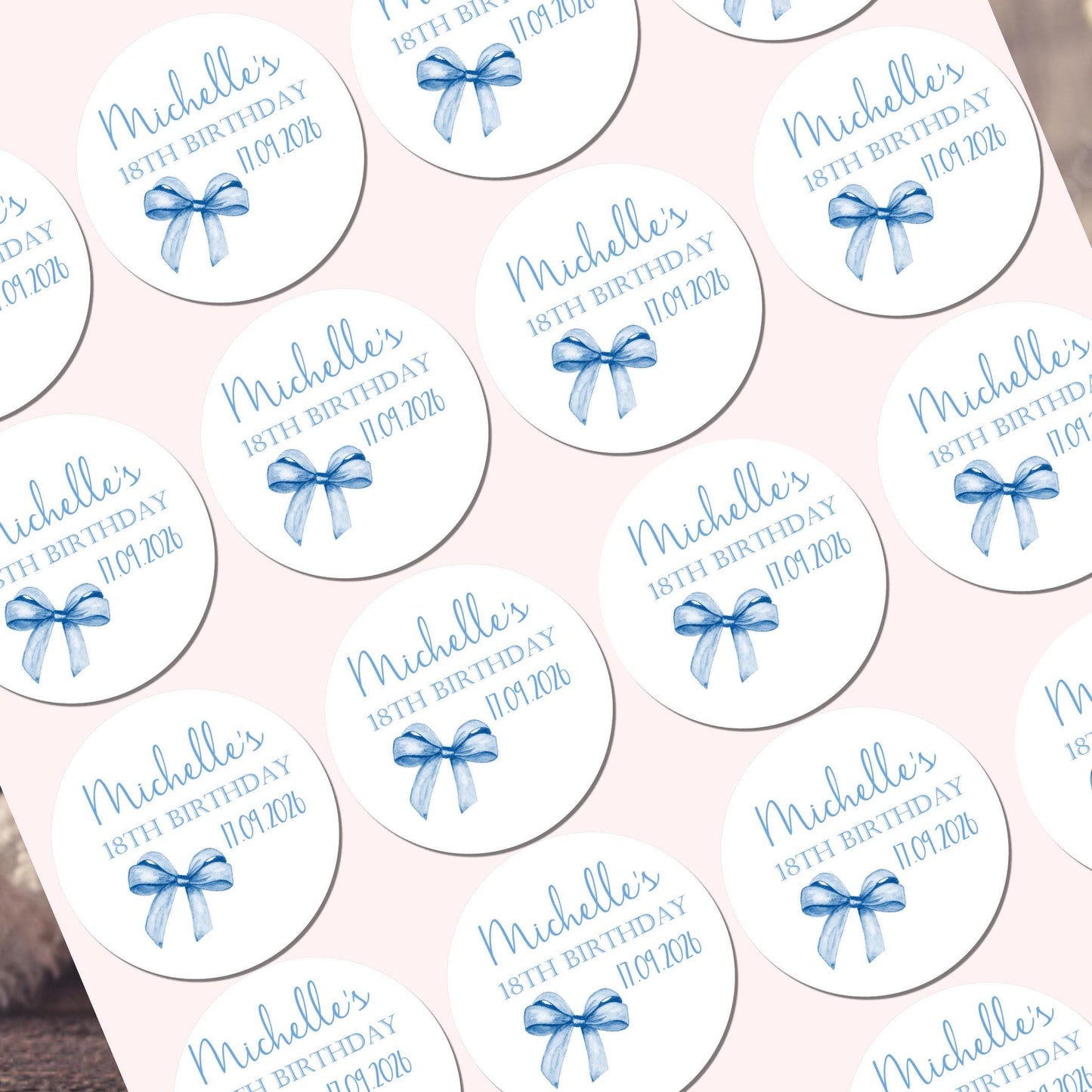 Personalised Birthday Stickers for Favours Party Bags Watercolour bow 16th 18th 21st Any Age