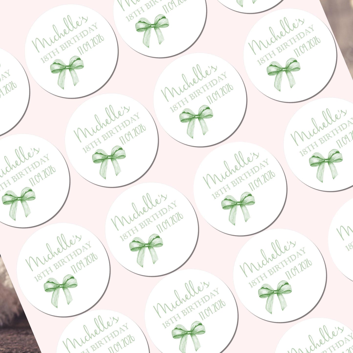 Personalised Birthday Stickers for Favours Party Bags Watercolour bow 16th 18th 21st Any Age