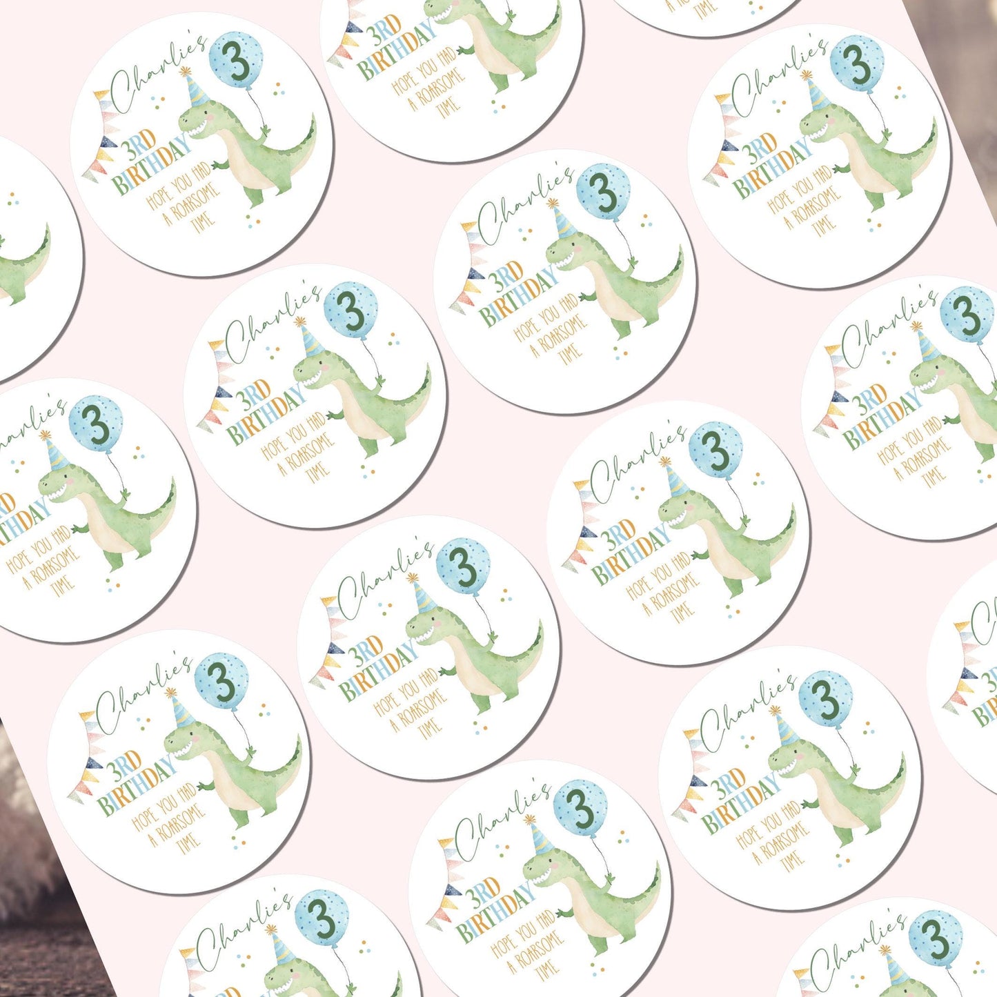 Personalized Dinosaur Birthday Party Stickers, Favor Bag Labels