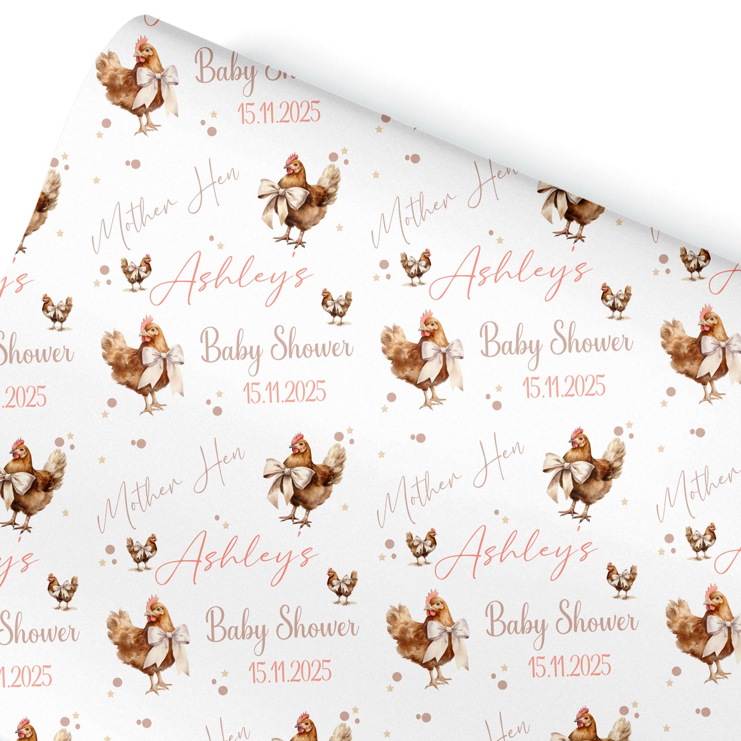Personalised Baby Shower, New Baby Gift Wrapping Paper Custom Name & Date Watercolour Mother hen Design