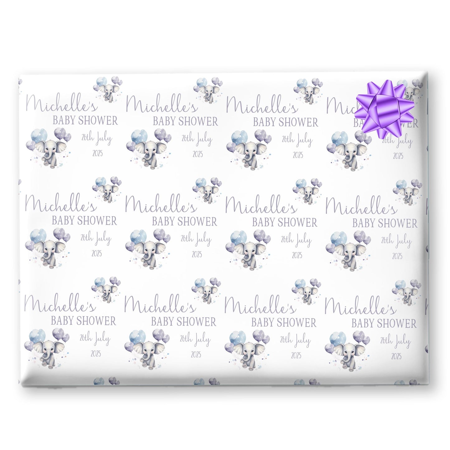 Personalised Baby Shower, New Baby Gift Wrapping Paper Custom Name & Date Watercolour Elephant Design, Christening wrapping paper