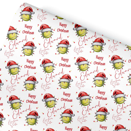 Personalised Christmas Gift Wrap – Tennis Ball Santa Hat Design, Sports Gift Wrapping Paper