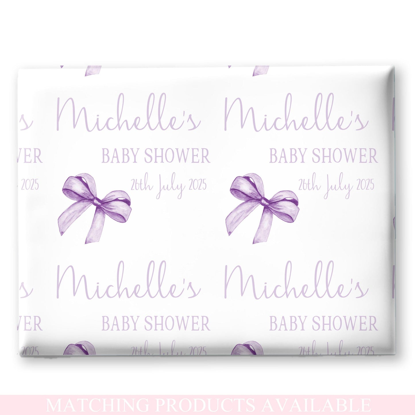 Personalised Baby Shower, New Baby Gift Wrapping Paper Custom Name & Date Watercolour Lilac Bow Design