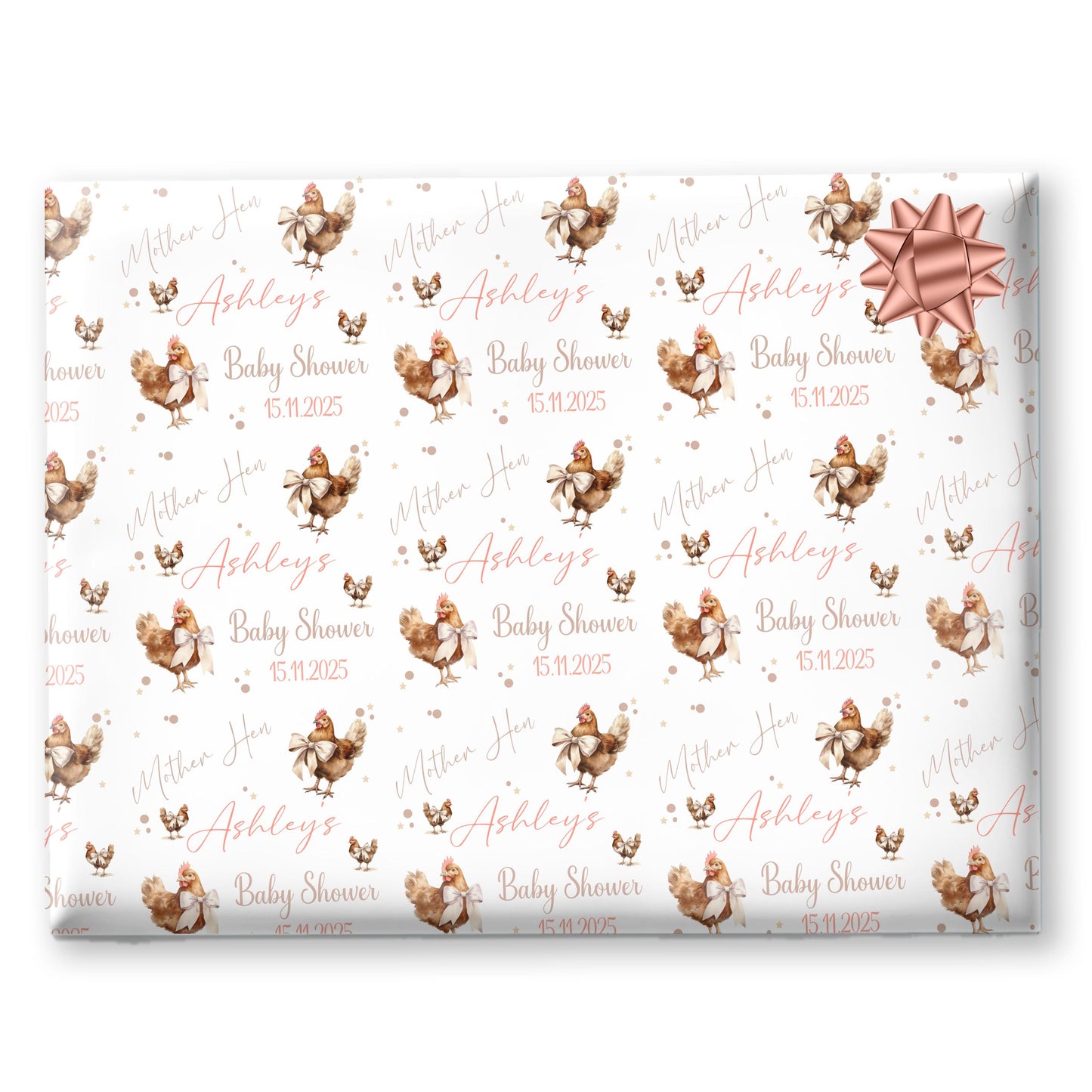 Personalised Baby Shower, New Baby Gift Wrapping Paper Custom Name & Date Watercolour Mother hen Design