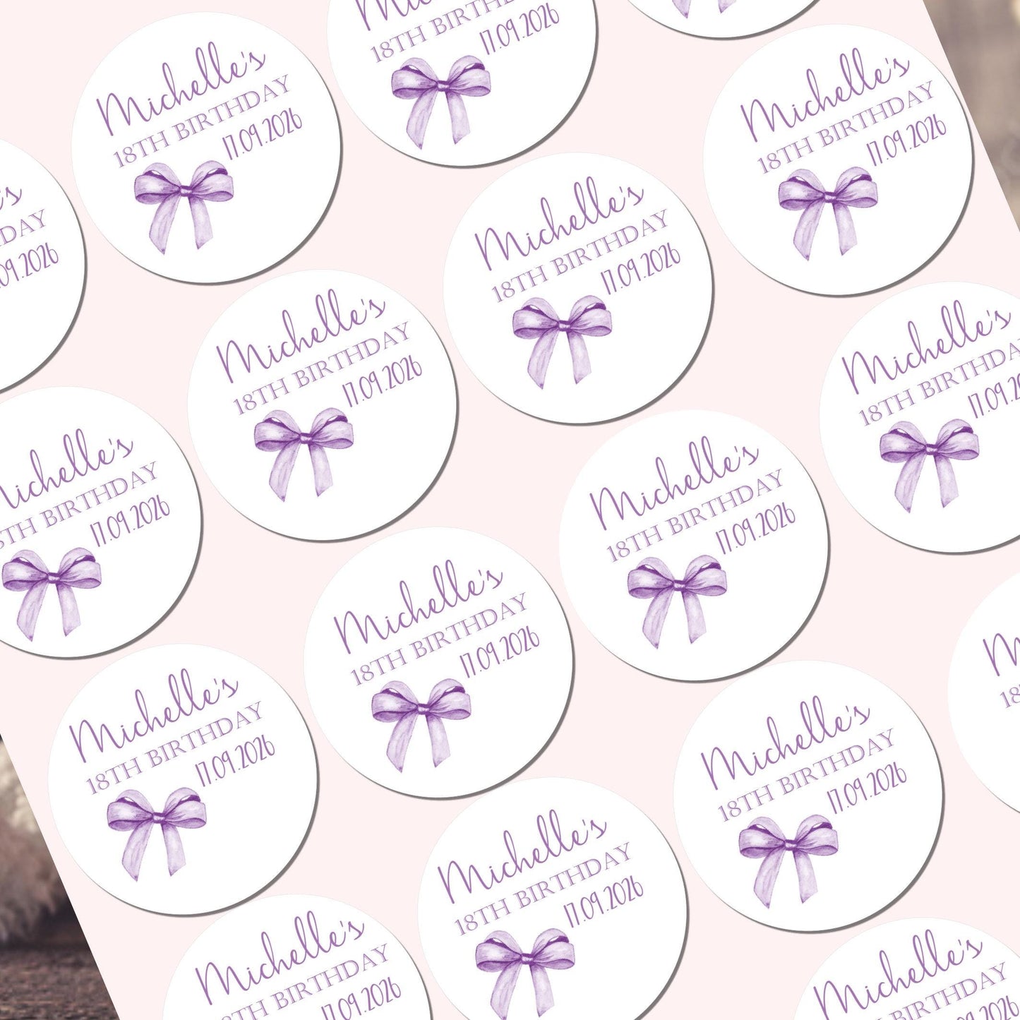 Personalised Birthday Stickers for Favours Party Bags Watercolour bow 16th 18th 21st Any Age