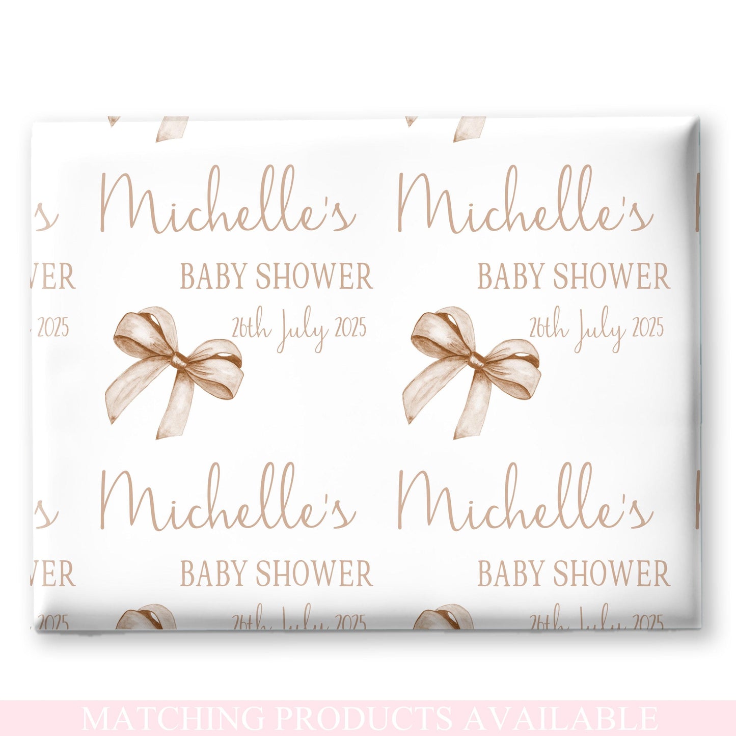 Personalised Baby Shower, New Baby Gift Wrapping Paper Custom Name & Date Watercolour Neutral Bow Design
