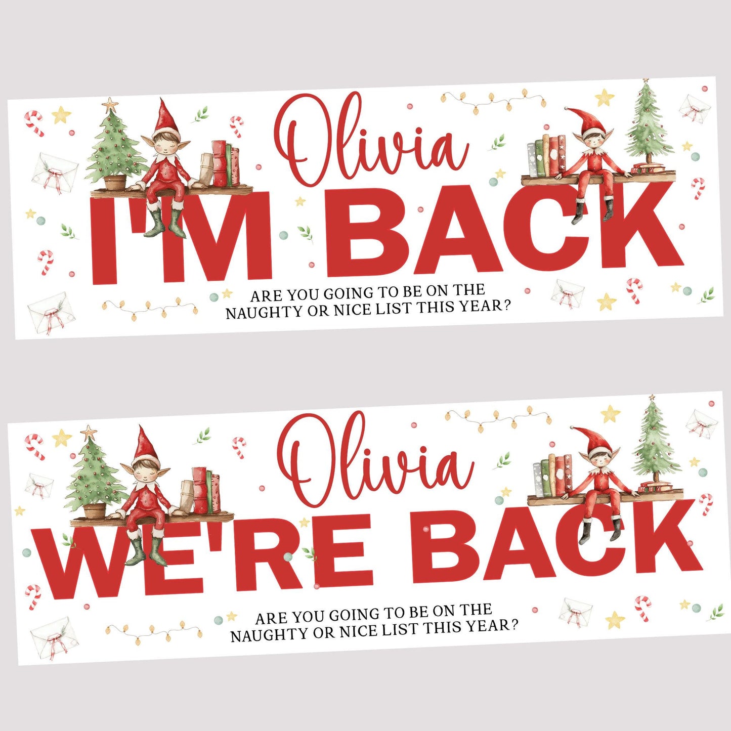 Personalised Christmas Elf Arrival Banner – 'I’m Back / We’re Back, Christmas Decoration, Elf Ideas