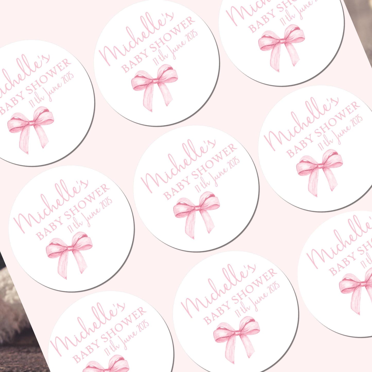 Personalised Baby Shower Stickers for Favours Party Bags Watercolour bow