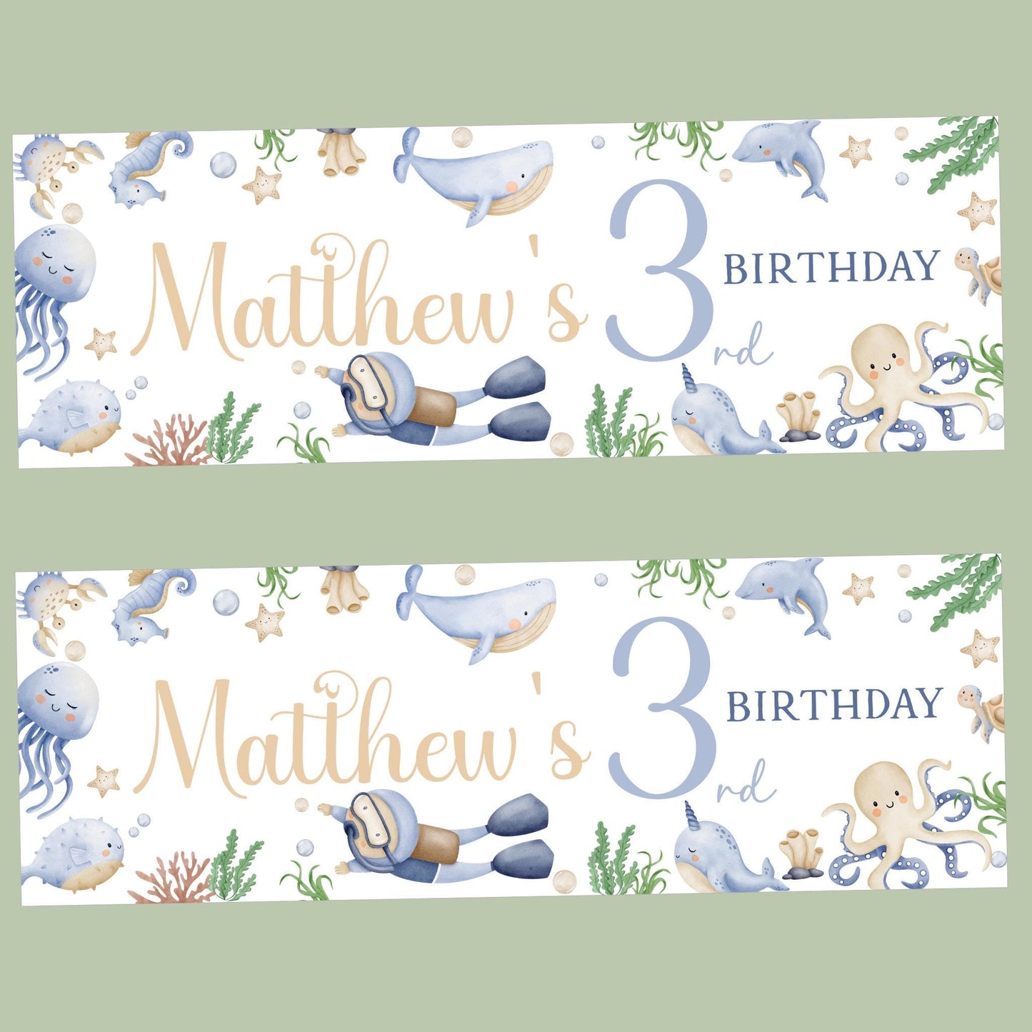 Personalised Happy Birthday Party Banner, Party Decor, Add Name Age, Marine Animals Under the Sea Theme