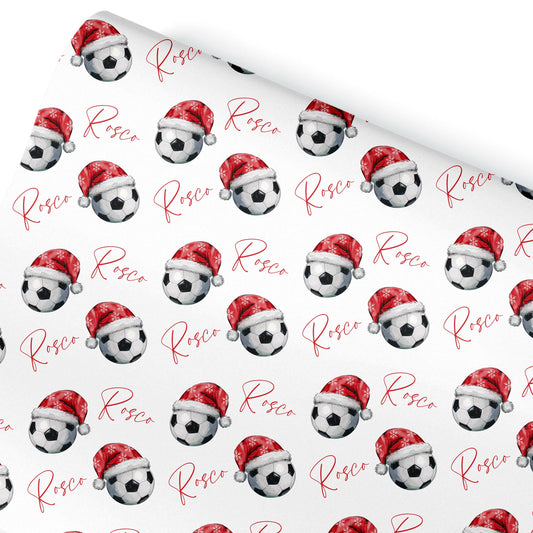 Personalised Christmas Gift Wrap – Children’s Football Santa Hat Design- Football mad teen wrapping paper