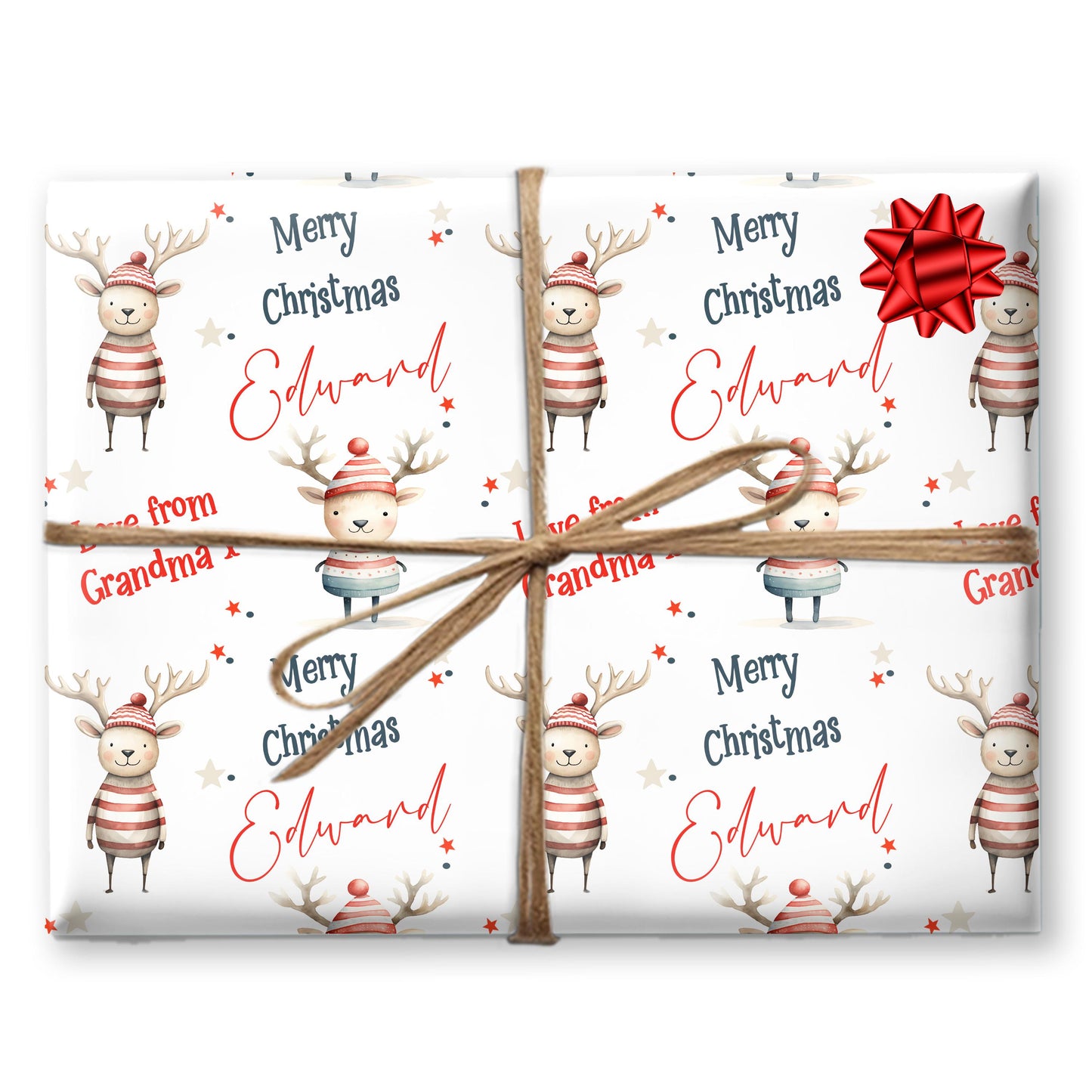 Childrens Gift Wrap Wrapping Paper, Cute Reindeers, Personalised Boys and Girls Paper, Novelty Gift Wrap Roll