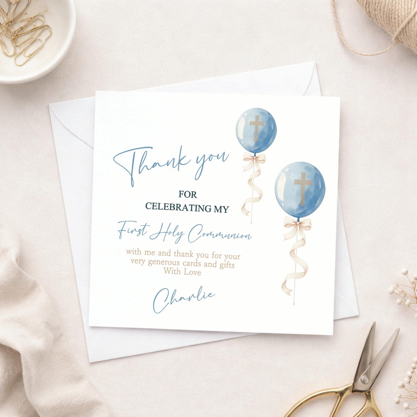 Personalised Holy Communion Thank You Cards, Balloon Design, Includes Envelopes