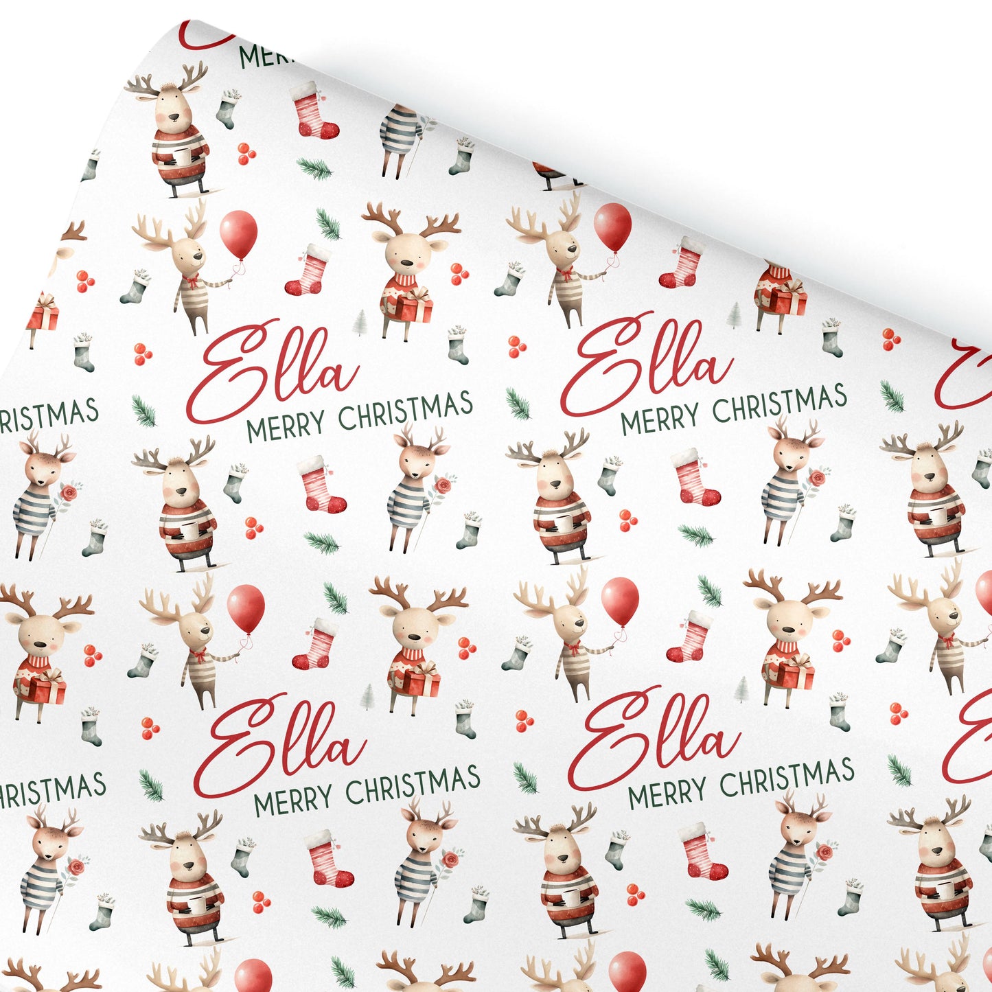 Childrens Gift Wrap Wrapping Paper, Cute Reindeers, Personalised Boys and Girls Paper, Novelty Gift Wrap Roll