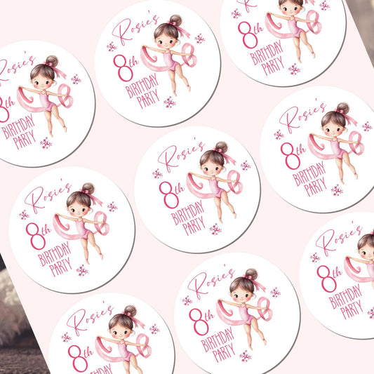 Personalised Birthday Party Stickers Gymnastic girl Dancer Party Favours Party Bags girls party Ballet Stickers Dancing stickers