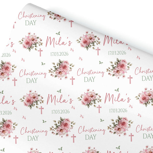 Personalised Christening Wrapping Paper – Custom Name Gift Wrap for Girl