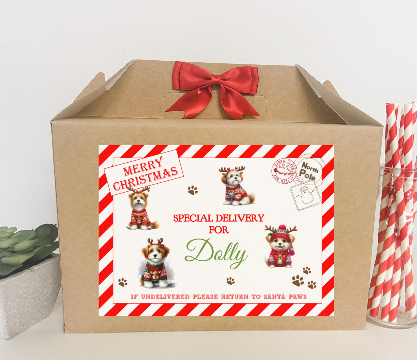 Personalised Christmas Eve Dog Treat Box - Xmas Gift Favour Treat Bag Present Bow - Dog Pet Furry Friend Paws