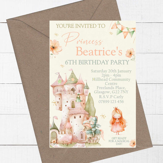 10 Printed Personalised Birthday Party Invitations Princess Castle