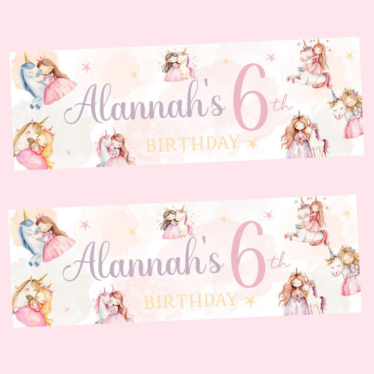 Personalised Happy Birthday Party Banner, Party Decor, Add Name Age, Princess Unicorn Theme