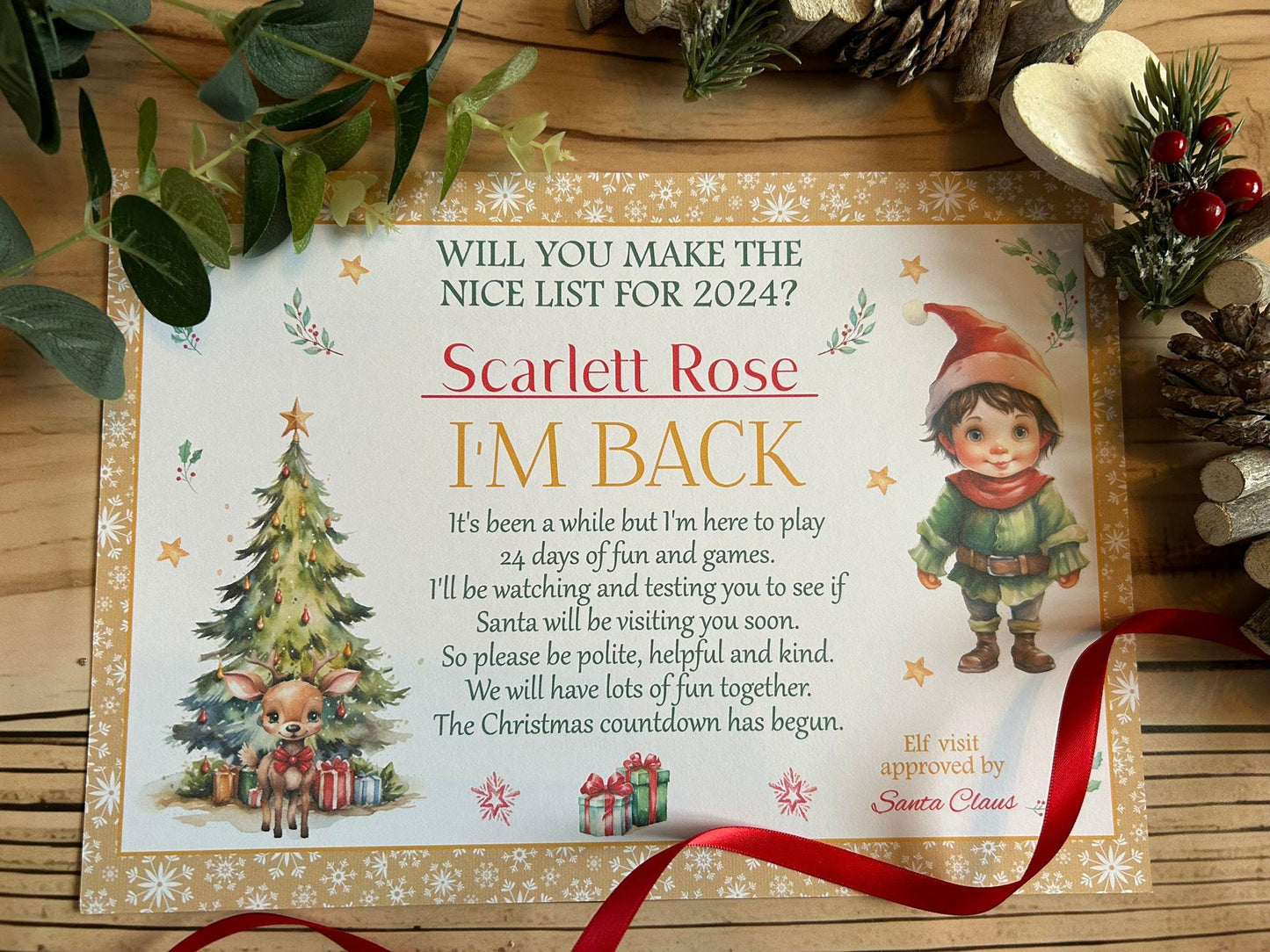 Personalised A4 Elf I'm Back letter Elf Goodbye nice list certificate christmas eve box filler Santas Good List Elf Mischief