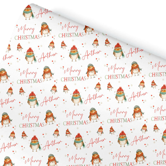 Christmas Robin Gift Wrapping Paper, Personalised Girls or Boys Paper, Gift Wrap for Her For Him