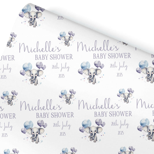Personalised Baby Shower, New Baby Gift Wrapping Paper Custom Name & Date Watercolour Elephant Design, Christening wrapping paper