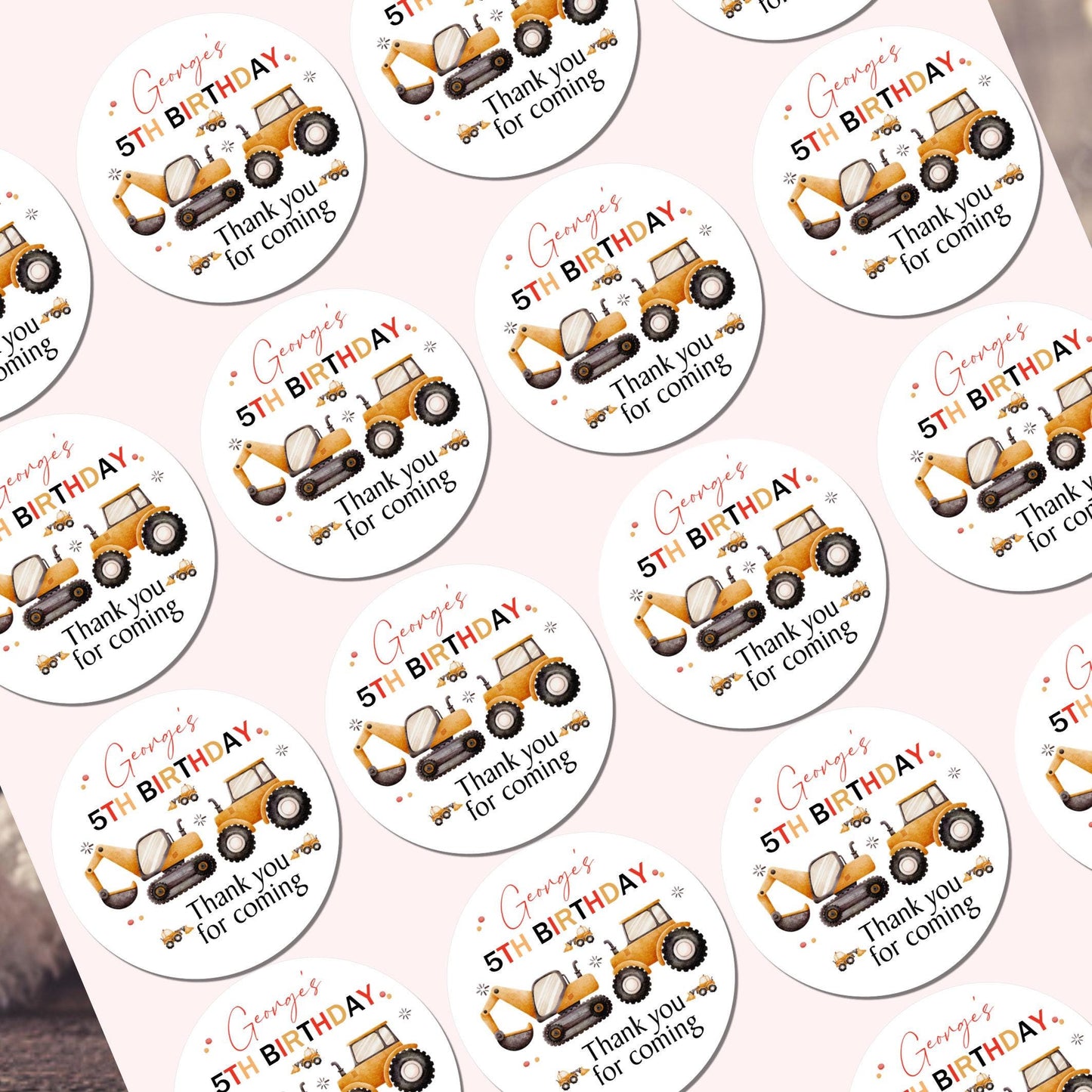 Personalised Digger Construction Party Stickers for Favours Party Bags Boys Girls Trucks Toy Cars