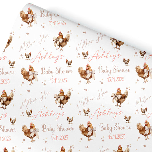 Personalised Baby Shower, New Baby Gift Wrapping Paper Custom Name & Date Watercolour Mother hen Design