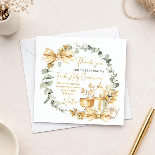 Personalised Holy Communion Thank You Cards, Gold Chalice Design, Includes Envelopes