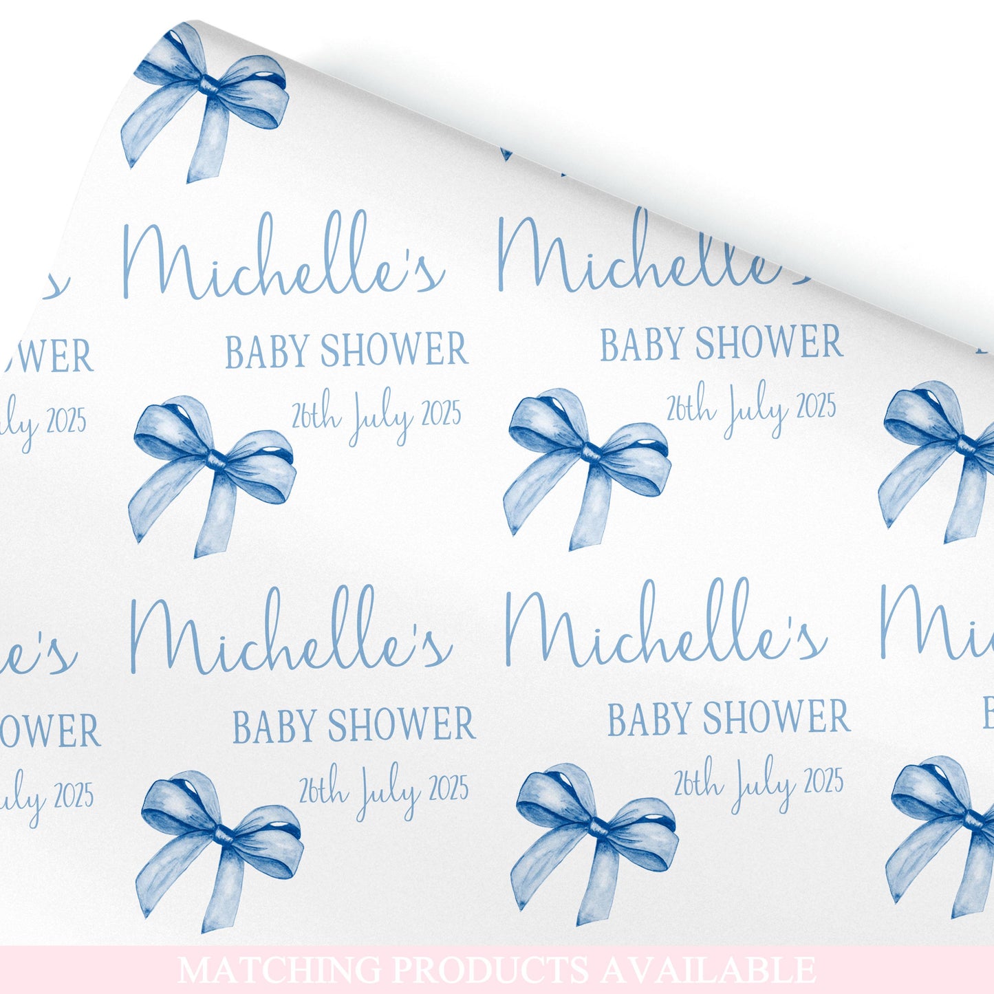 Personalised Baby Shower, New Baby Gift Wrapping Paper Custom Name & Date Watercolour Blue Bow Design