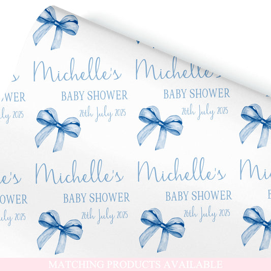 Personalised Baby Shower, New Baby Gift Wrapping Paper Custom Name & Date Watercolour Blue Bow Design