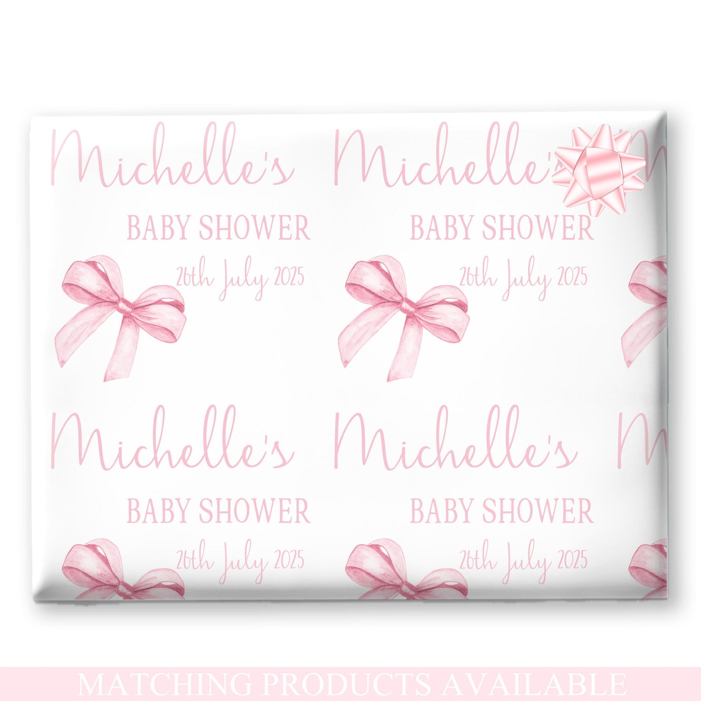 Personalised Baby Shower, New Baby Gift Wrapping Paper Custom Name & Date Watercolour Pink Bow Design