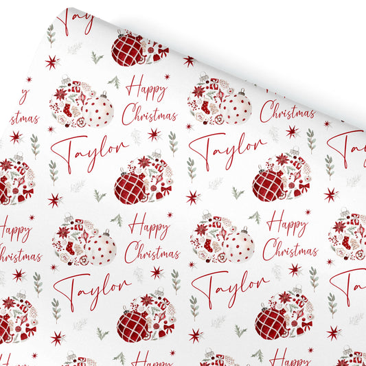 Personlaised Wrapping Paper, Personalised Paper For Her, For Him, Novelty Gift Wrap Roll, Christmas Baubles