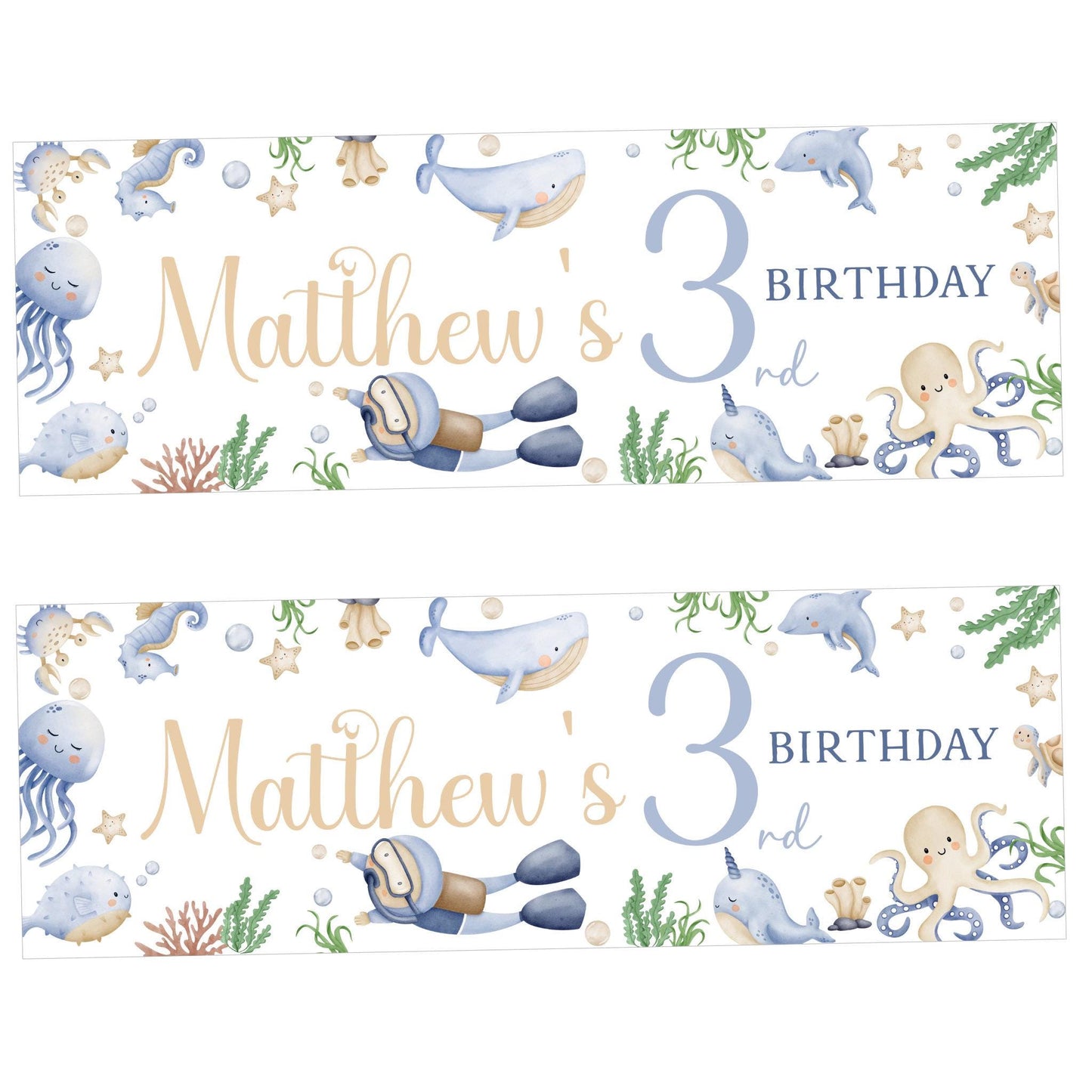Personalised Happy Birthday Party Banner, Party Decor, Add Name Age, Marine Animals Under the Sea Theme