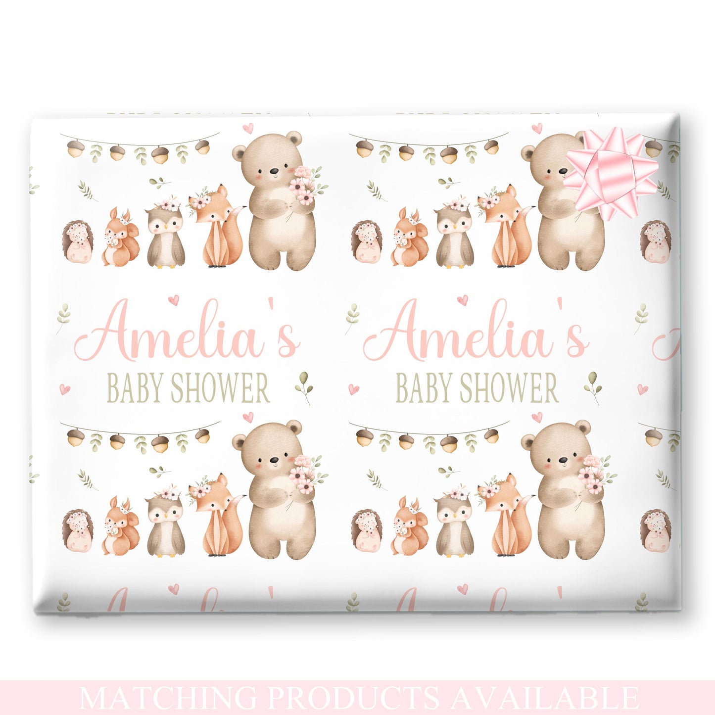 Personalised Baby Shower, New Baby Gift Wrapping Paper Custom Name & Date Watercolour Watercolour Woodland Animals