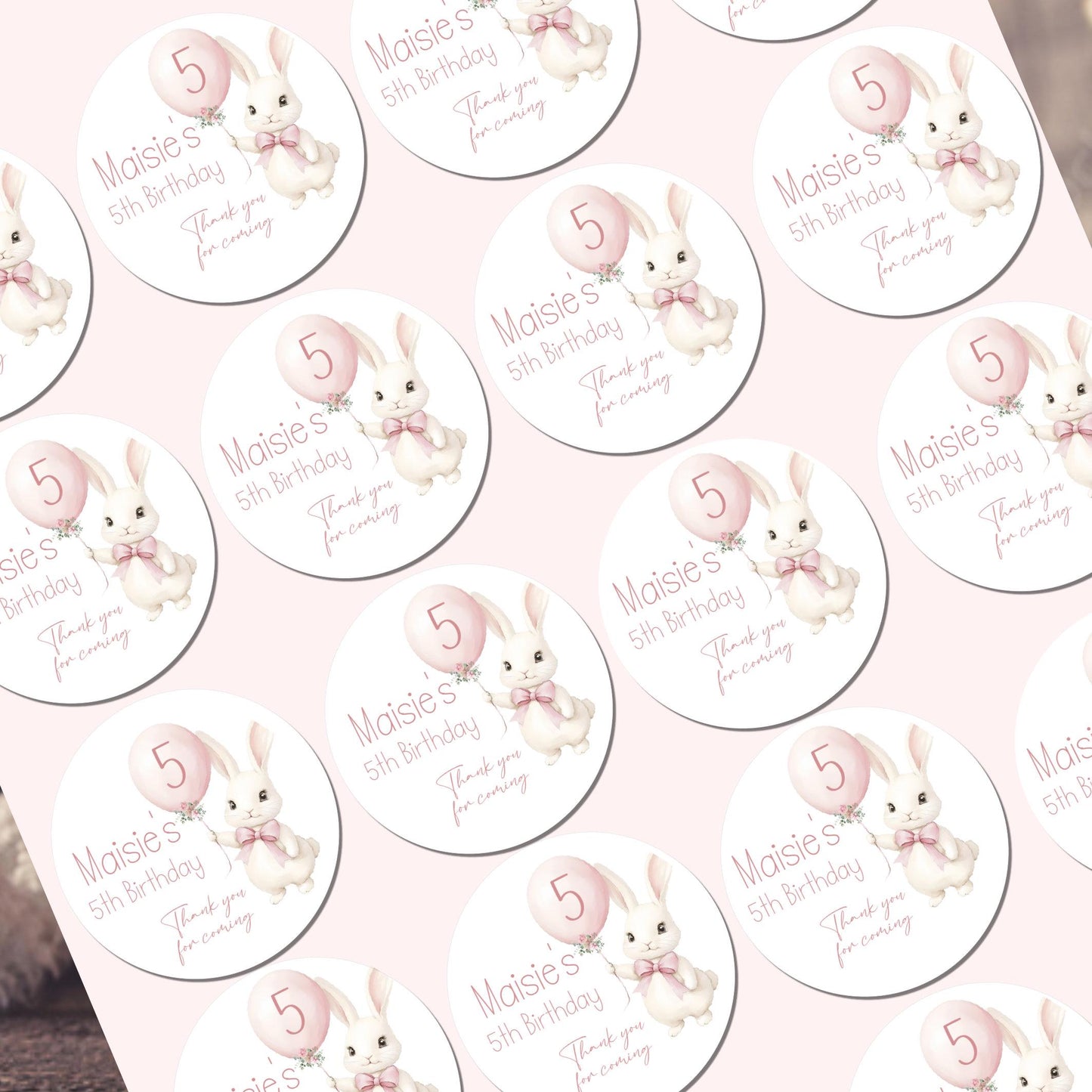 Personalised Birthday Stickers for Favours Party Bags Bunny rabbit stickers