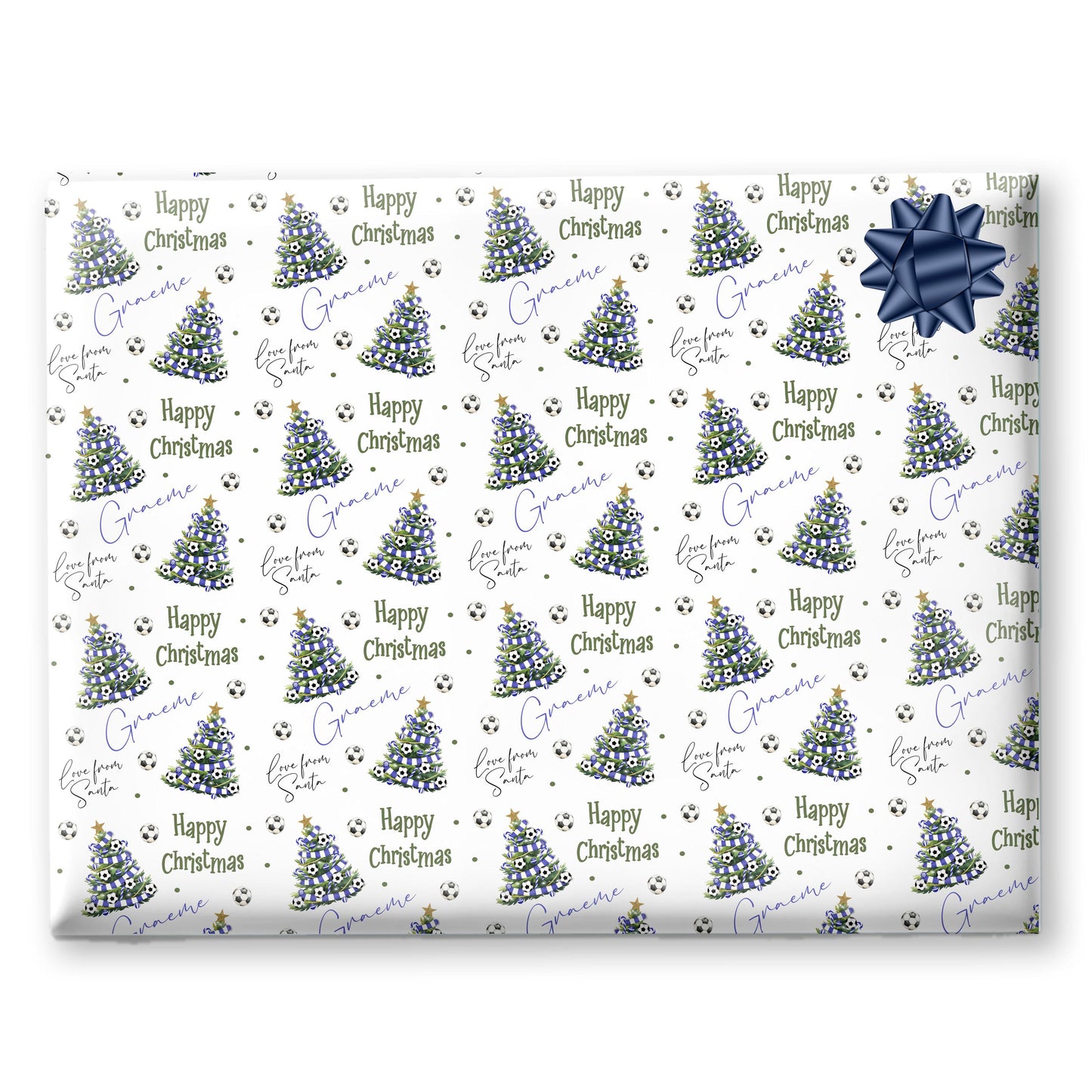 Personalised Christmas Gift Wrap – Football Christmas Tree Design, Footie Blue and White