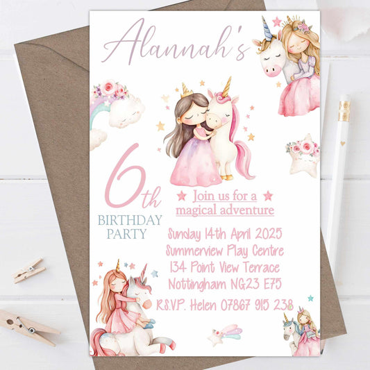 10 Printed Personalised Birthday Party Invitations Princess Unicorn