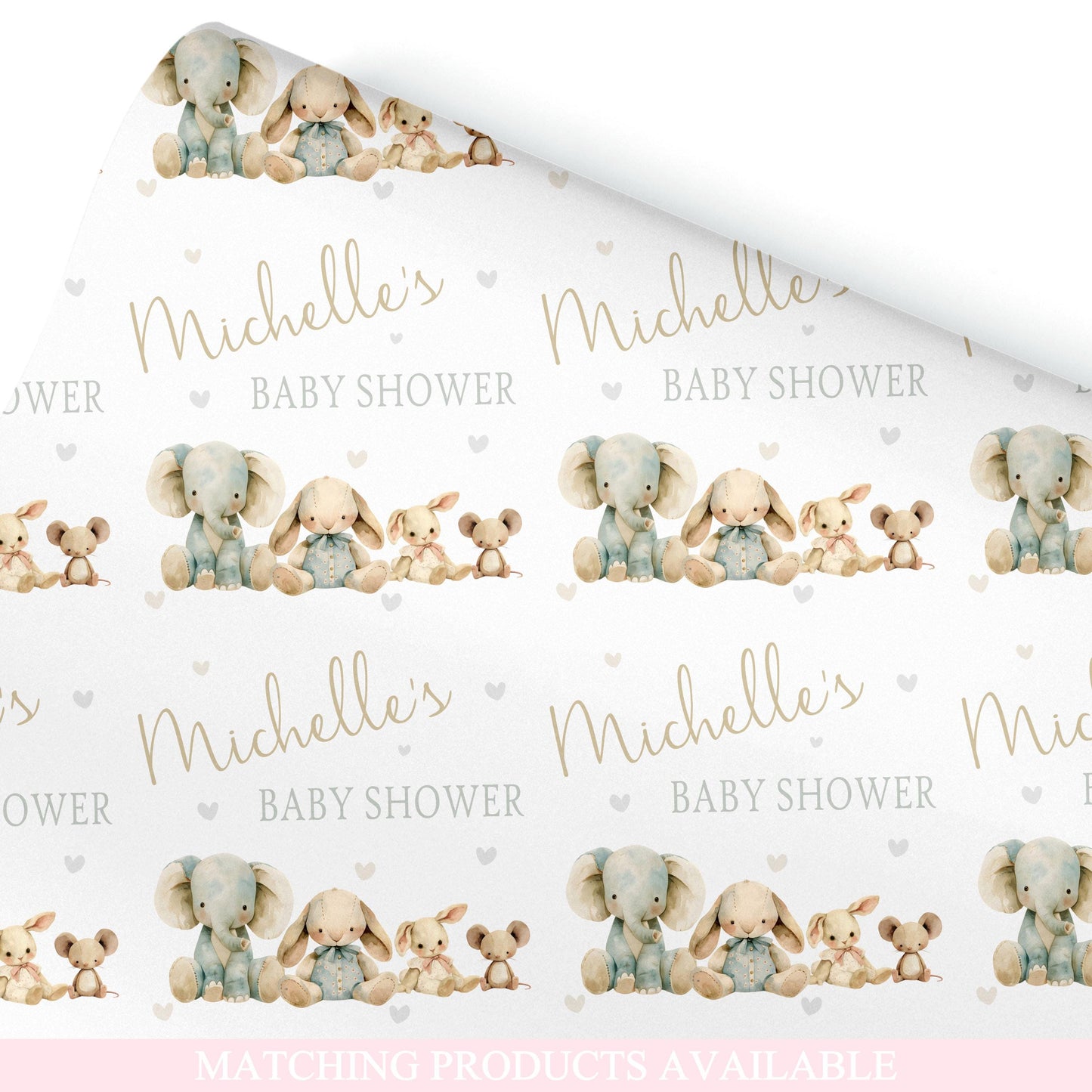 Personalised Baby Shower, New Baby Gift Wrapping Paper Custom Name & Date Watercolour Teddy Bear Animals