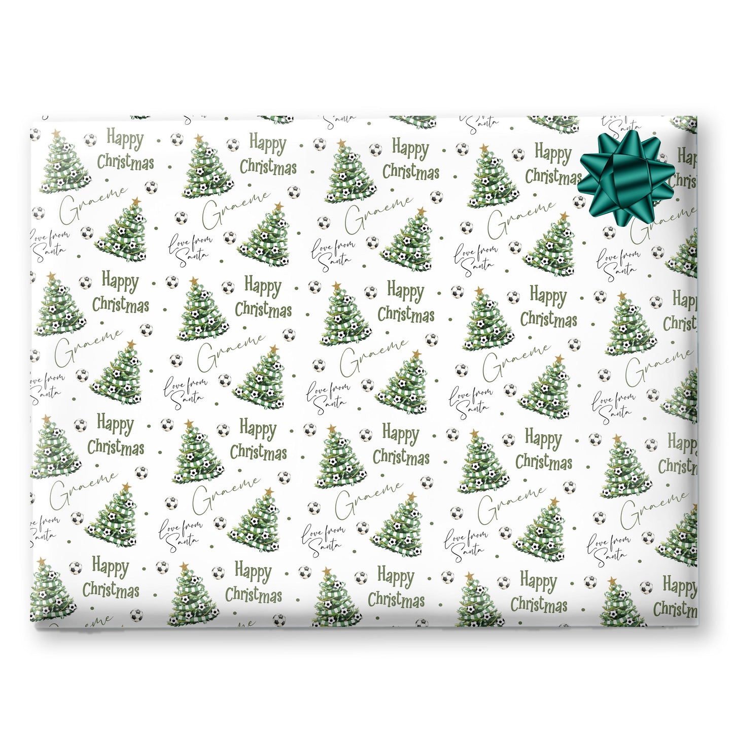 Personalised Christmas Gift Wrap – Football Christmas Tree Design, Footie Green and White Scar Boys Girls