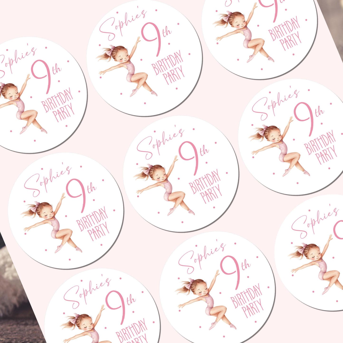 Personalised Birthday Party Stickers Gymnastic girl Dancer Party Favours Party Bags girls party Ballet Stickers Dancing stickers