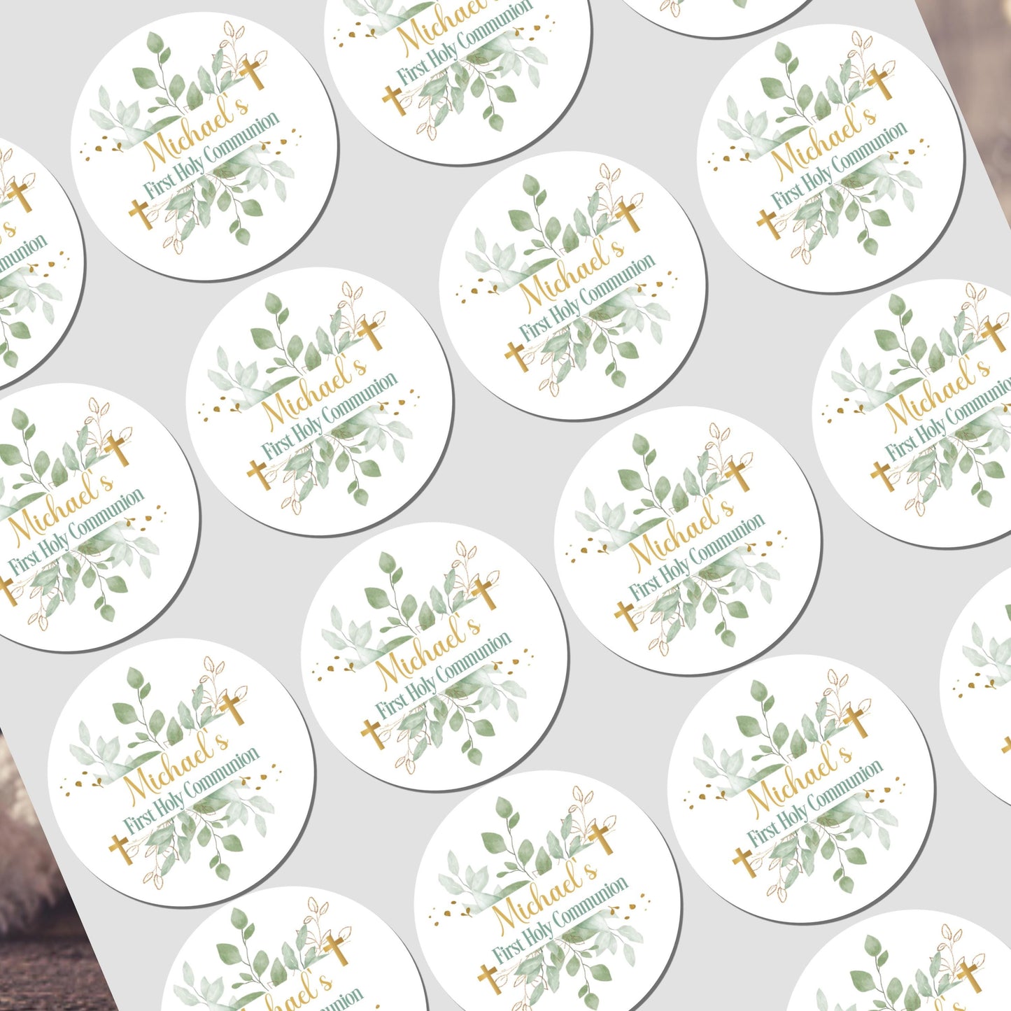 GLOSS Personalised First Holy Communion Stickers, Party Bag Stickers, Sweet Cone Bags, Christening, Baptism