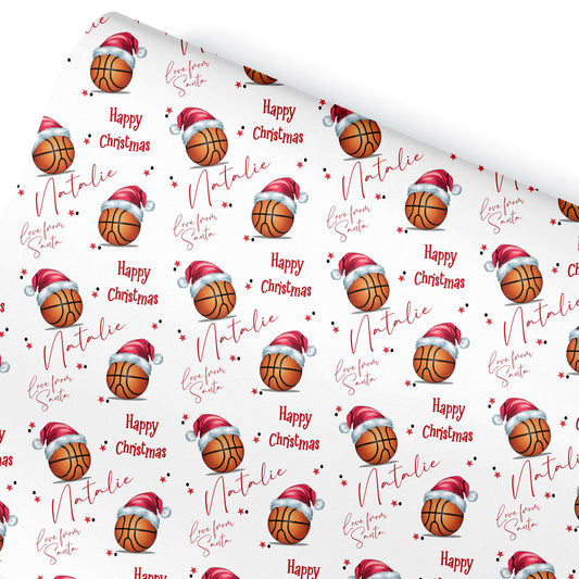 Personalised Christmas Gift Wrap – Basketball Santa Hat Design- Sport mad wrapping paper