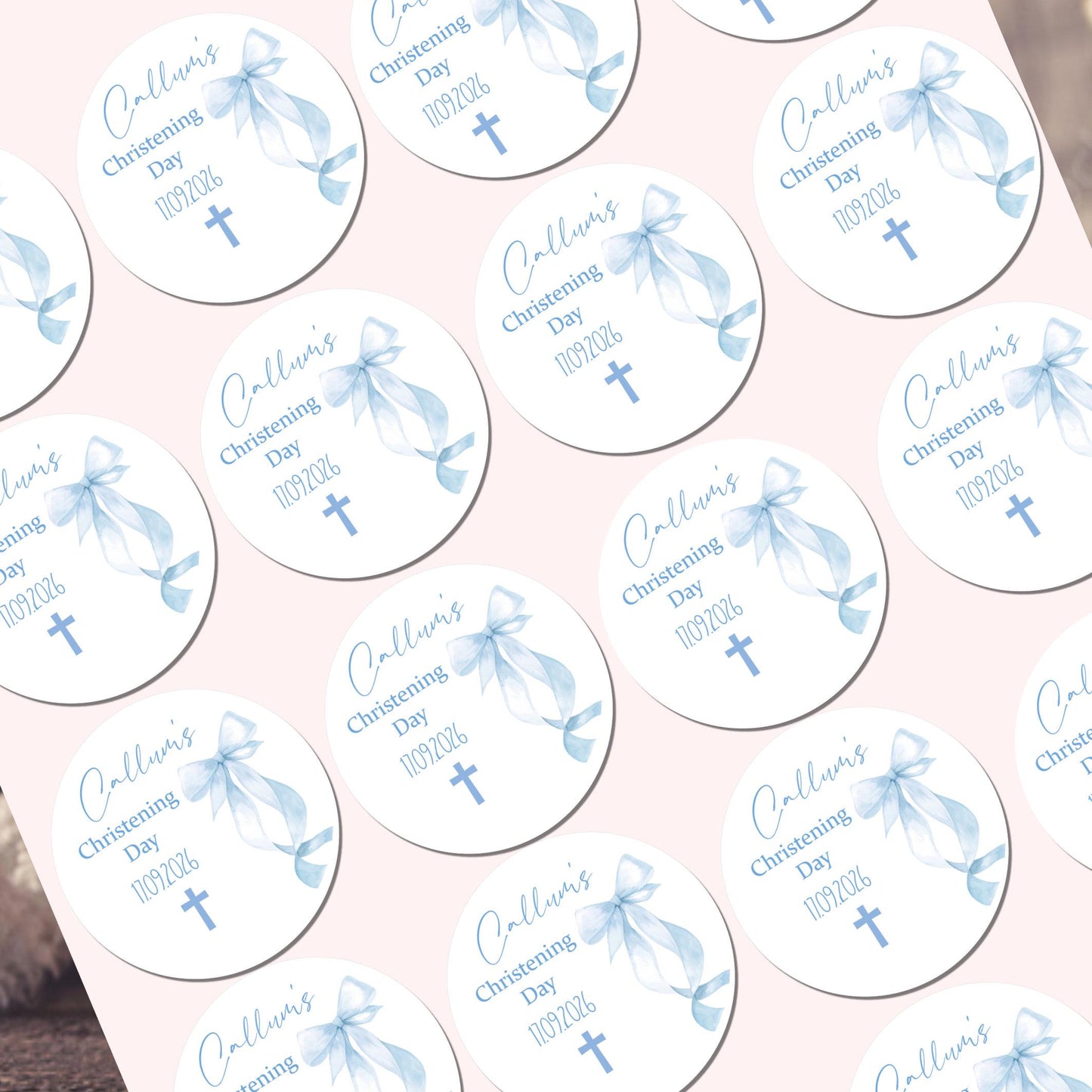 Personalized Christening Stickers, Pink Bow Party Favors Baptism Stickers