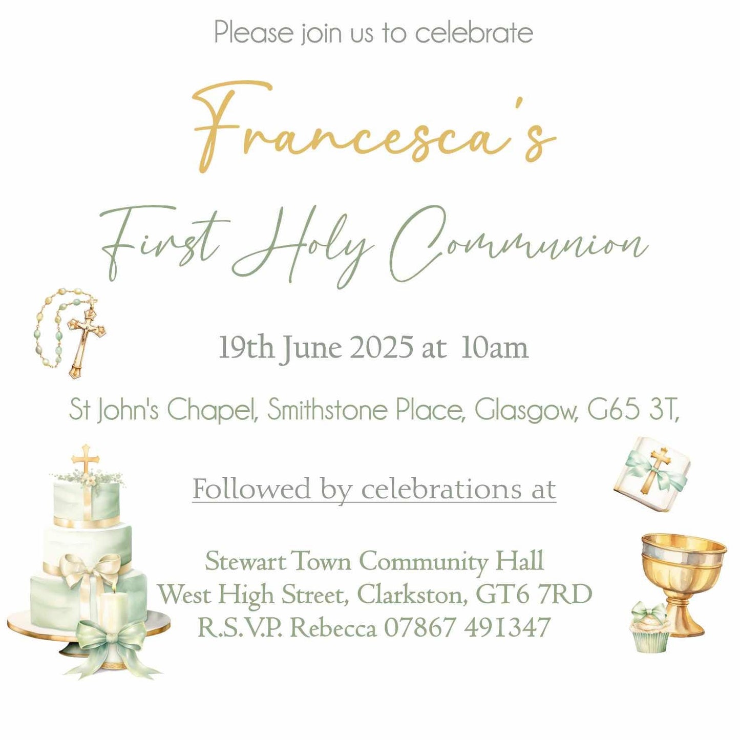 10 Printed Personalised First Holy Communion Invitations, Baptism or Confirmation Party
